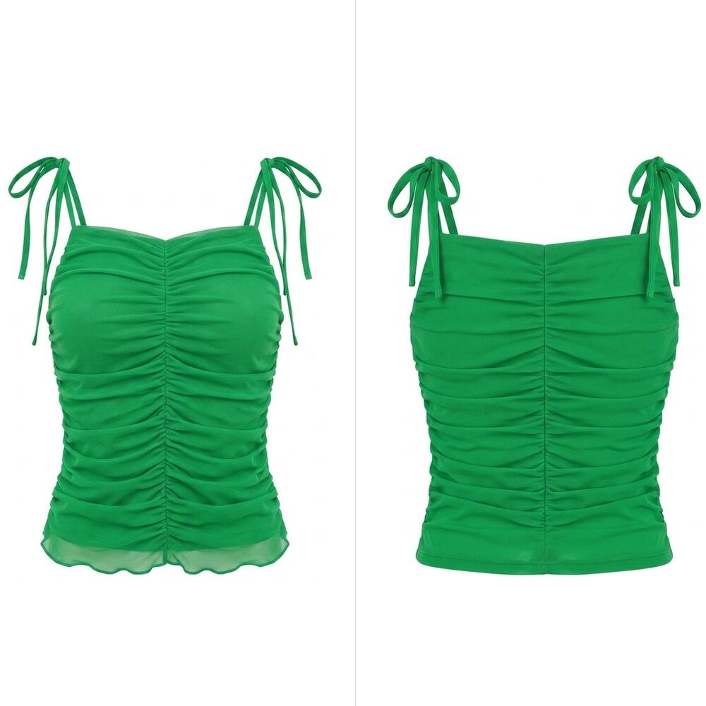 PrettyLittleThing Green Ruched Mesh Tie Strap Tank Top Women Size 4